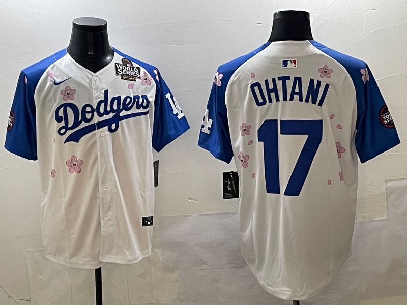 Men Los Angeles Dodgers #17 Ohtani White Blue Sakura Edition 2025 Nike MLB Jersey style 2